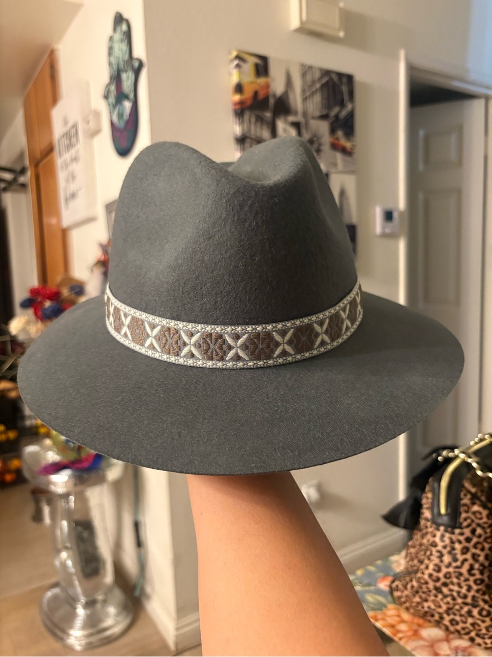 Women's Grey Felt Fedora with Decorative Embroidered Band made in Italy